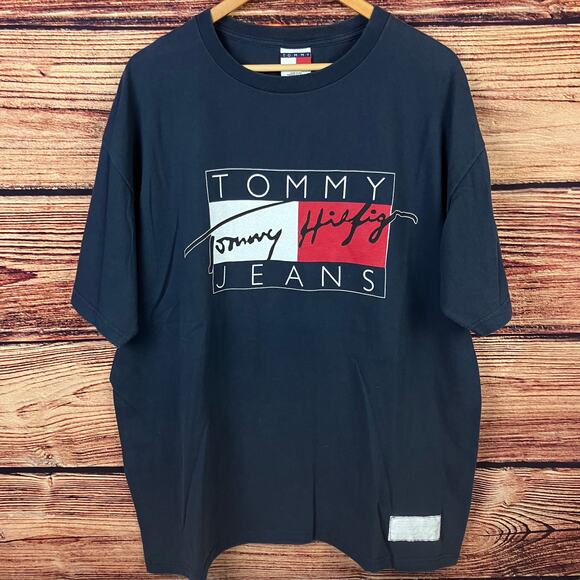 Vintage 1990s Tommy Hilfiger Jeans Flag Logo Spell Out T-shirt - Picture 2 of 5